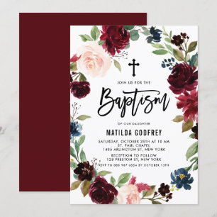 Boho Burgundy Watercolor Blommigt Wandedeans Bapti Inbjudningar