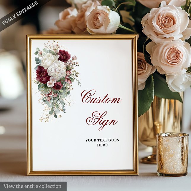 Boho Burgundy White Blommigt Bröllop Anpassningsba Poster (Boho Burgundy White Artistic Floral Wedding Sign)