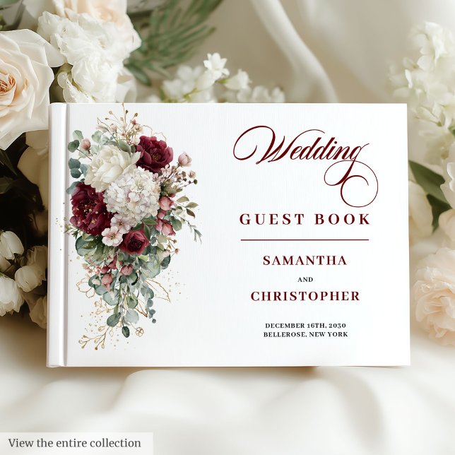 Boho Burgundy White Blommigt Bröllop Guest Bok (boho wedding guest book, burgundy wedding guest book, floral wedding guest book, blush wedding)