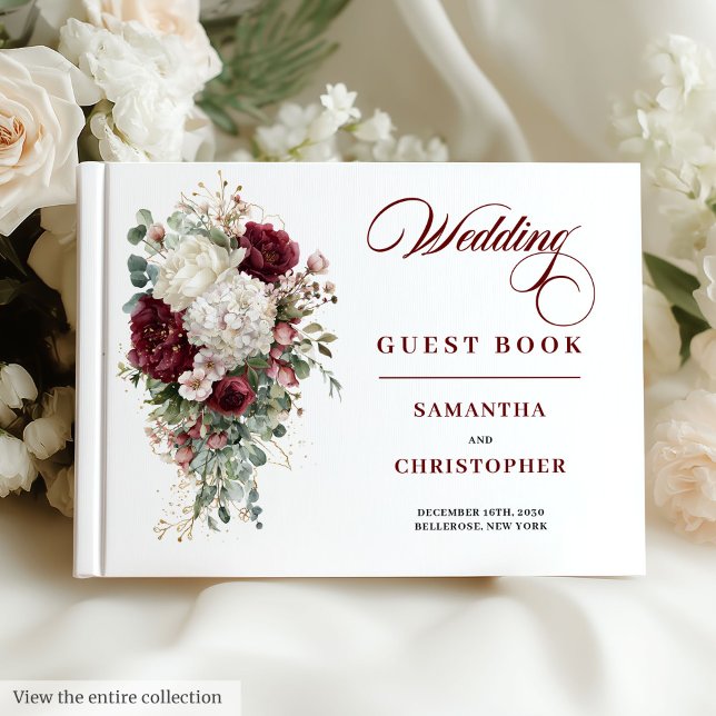 Boho burgundy white gäst guld ro bröllop bok (Boho burgundy gold roses wedding guest book design

)