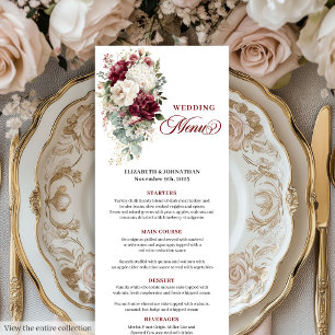 Boho burgundy white guld blommigt bröllop-menykort meny