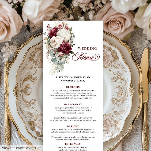 Boho burgundy white guld blommigt bröllop-menykort meny (Boho burgundy white gold floral wedding menu card

)