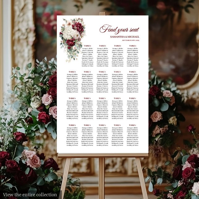 Boho burgundy white guld blommigt-platshållarskylt poster (Boho burgundy white gold floral seating chart sign

)