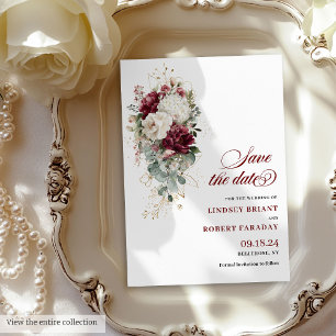 Boho burgundy white guld blommigt spara datumkorte inbjudningar