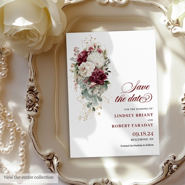 Boho burgundy white guld blommigt spara datumkorte inbjudningar (Boho burgundy white gold floral save the date card

)