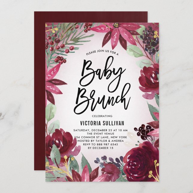 Boho Burgundy Winter Blommigt Baby Shower Brunch Inbjudningar (Fram/baksida)