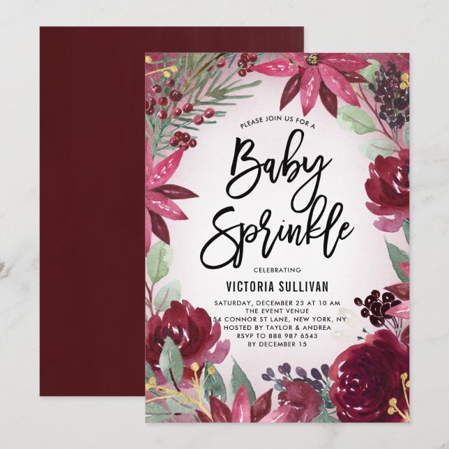 Boho Burgundy Winter Blommigt Baby Shower Sprinkle Inbjudningar (Fram/baksida)