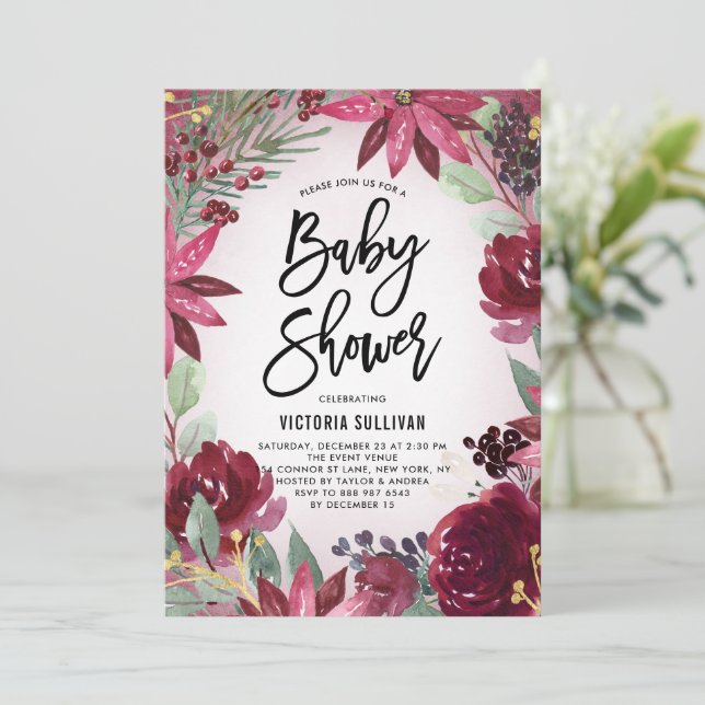 Boho Burgundy Winter Blommigt Ram Baby Shower Inbjudningar (Stående Fram)
