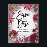 Boho Burgundy Winter Blommigt Ram Spara datum Vykort<br><div class="desc">Meddela er bröllop-dejt med spara datum meddelande-vykortet i vinter. Den har vattenfärgade illustrationer av burguny röd ros och poinsettias, gräs nålar och bär med fingerade accenter från guld glitter. I blommigt sparar ram datumkortet perfekt för vinter och jul i bröllop. Anpassa genom att lägga till namn, datum och annan information....</div>