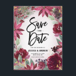 Boho Burgundy Winter Blommigt Ram Spara datum Vykort<br><div class="desc">Meddela er bröllop-dejt med spara datum meddelande-vykortet i vinter. Den har vattenfärgade illustrationer av burguny röd ros och poinsettias, gräs nålar och bär med fingerade accenter från guld glitter. I blommigt sparar ram datumkortet perfekt för vinter och jul i bröllop. Anpassa genom att lägga till namn, datum och annan information....</div>