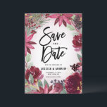 Boho Burgundy Winter Blommigt Ram Winter Spara Datumet<br><div class="desc">Vinterkorgens vattenfärgsillustrationer av burguny röd ros och poinsettias,  gräs nålar och bär med fingerade accenter från guld glitter. I blommigt sparar ram datumkortet perfekt för vinter och jul i bröllop. Anpassa genom att lägga till namn,  datum och annan information.</div>