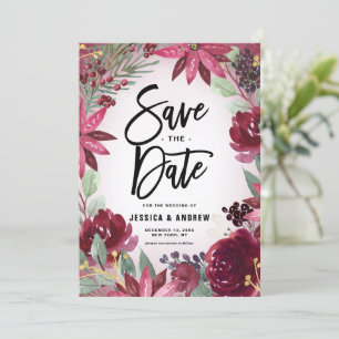 Boho Burgundy Winter Blommigt Ram Winter Spara Datumet