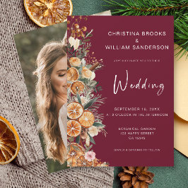 Boho Burgundy Winter Helgdag Bröllop Photo Inbjudningar
