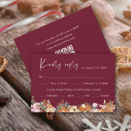 Boho Burgundy Winter Helgdag Bröllop QR-kod OSA Kort