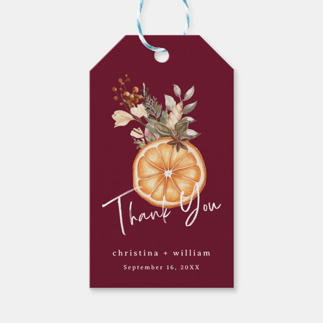 Boho Burgundy Winter Helgdag Torkad Orange Presentetikett (Framsidan)