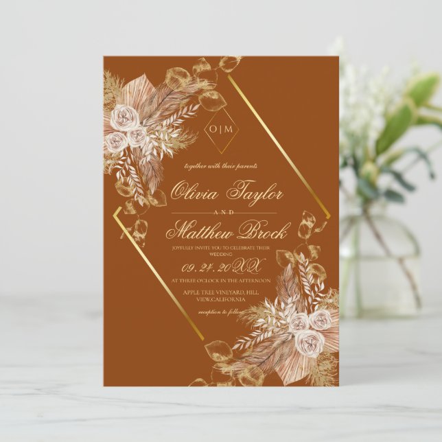 Boho Burn Orange Diamond Guld Bröllop Inbjudningar (Stående Fram)