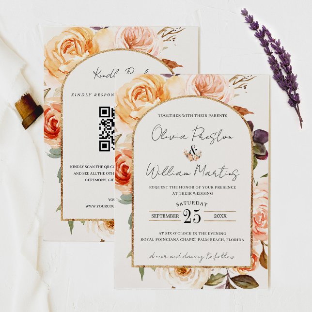 Boho Burnt Orange Blommigt Arch QR Code OSA Bröllo Inbjudningar (Skapare uppladdad)