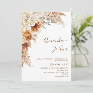 Boho Burnt Orange Blommigt Pampas Grass Bröllop Inbjudningar