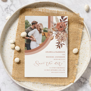 Boho Burnt Orange Blommigt & Pampas Grass Bröllop Spara Datumet