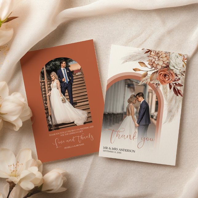 Boho Burnt Orange Blommigt & Pampas Photo Tack Kort (Skapare uppladdad)