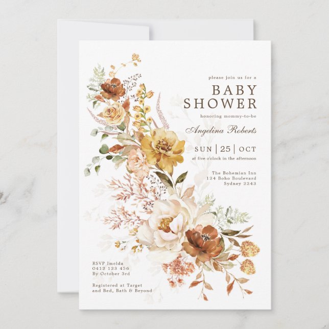 Boho Burnt Orange Butterscotch Flower Baby Shower Inbjudningar (Framsida)