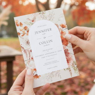 Boho Burnt Orange Fall Blommigt Arch Monogram Beig Inbjudningar