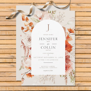 Boho Burnt Orange Fall Blommigt Arch Monogram Beig Inbjudningar