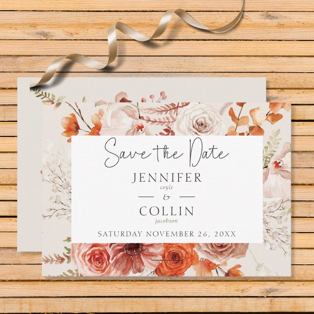 Boho Burnt Orange Fall Blommigt Arch Monogram Beig Spara Datumet (Skapare uppladdad)