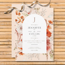 Boho Burnt Orange Fall Blommigt Arch Monogram Peac Inbjudningar