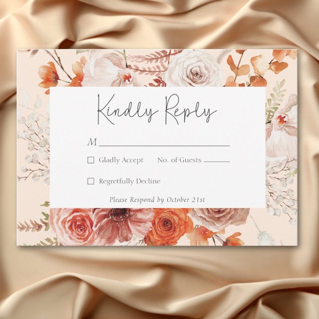 Boho Burnt Orange Fall Blommigt Monogram Peach OSA Kort (Boho Burnt Orange Fall Floral Monogram Peach RSVP Card)