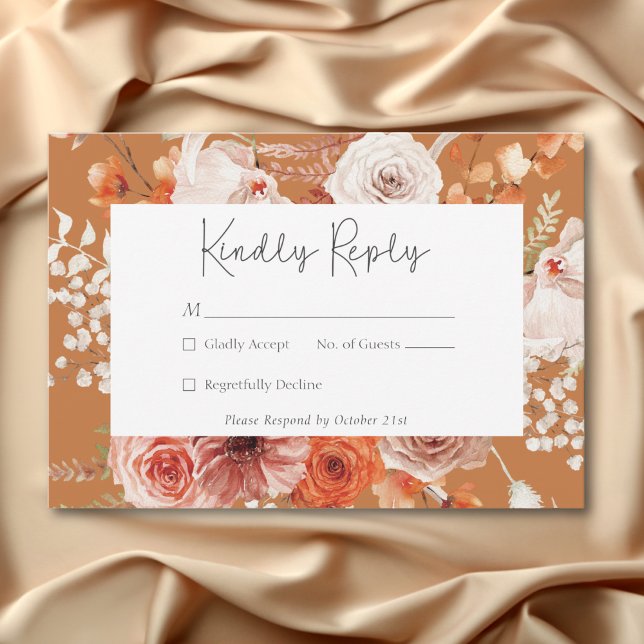 Boho Burnt Orange Fall Blommigt Monogram Rust OSA Kort (Boho Burnt Orange Fall Floral Monogram Rust RSVP Card)