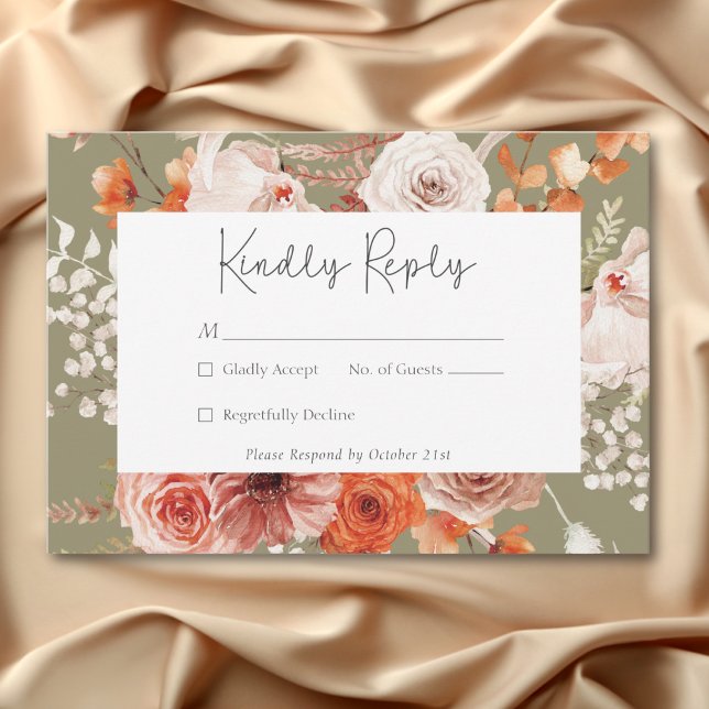 Boho Burnt Orange Fall Blommigt Monogram Sage OSA Kort (Boho Burnt Orange Fall Floral Monogram Sage RSVP Card)