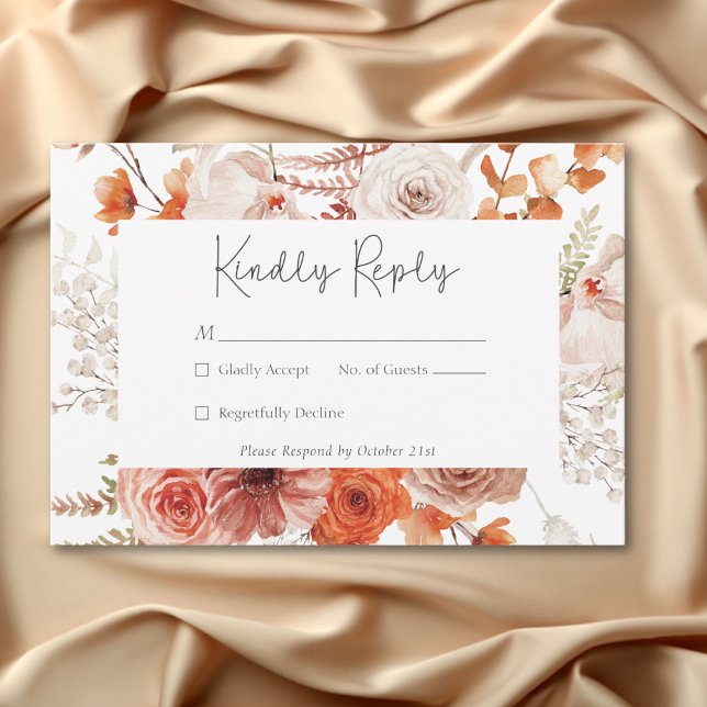 Boho Burnt Orange Fall Blommigt White OSA Kort (Boho Burnt Orange Fall Floral White RSVP Card)