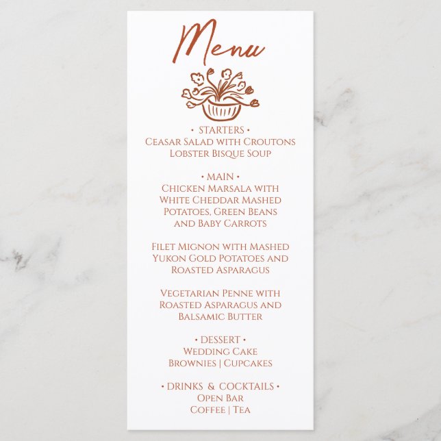 Boho Burnt Orange Hand Drawn Floral Wedding Menu Meny (Framsida)