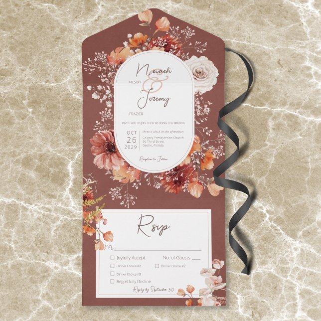 Boho Burnt Orange Rust Fall Blommigt 3 Middag (Boho Burnt Orange Rust Fall Floral 3 Dinner All In One Invitation)
