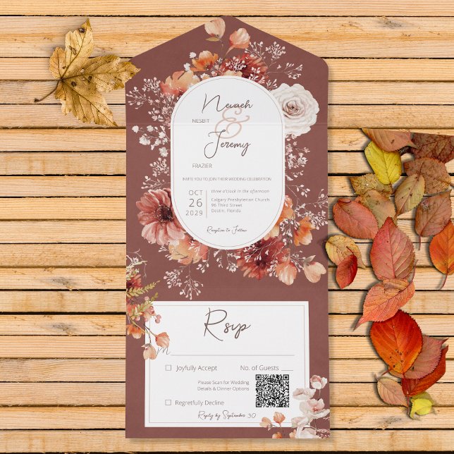 Boho Burnt Orange Rust Fall Blommigt QR-kod (Skapare uppladdad)