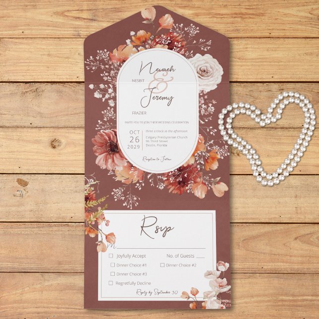 Boho Burnt Orange Rust Fall Blommigt tre middagar (Boho Burnt Orange Rust Fall Floral Three Dinner All In One Invitation)