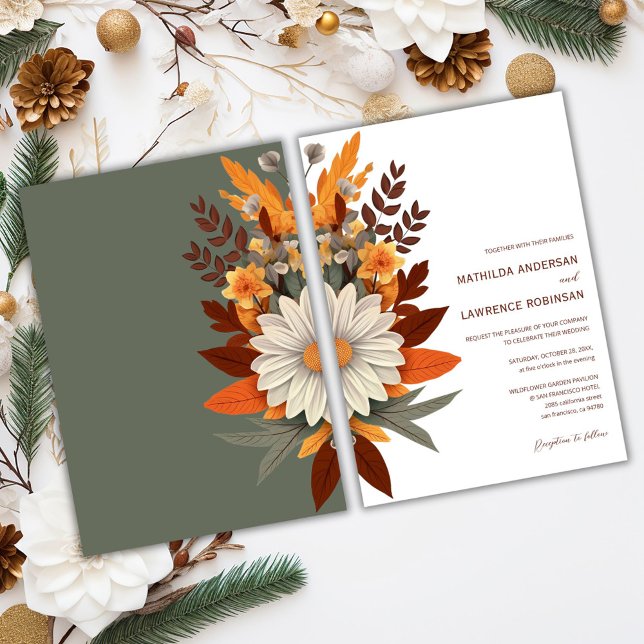 Boho Burnt Orange Sage Blommigt Fall Wedding Inbjudningar (Boho Burnt Orange Sage Floral Fall Wedding Invitation)