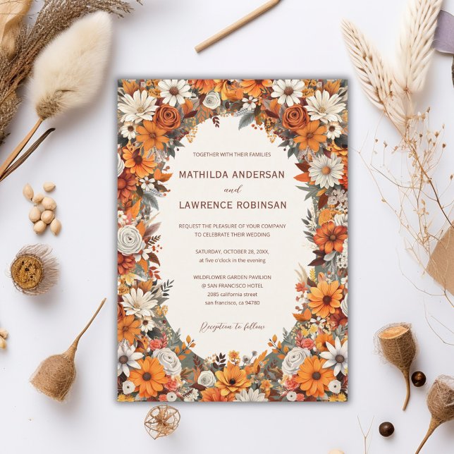 Boho Burnt Orange Sage Blommigt Photo Fall Wedding Inbjudningar (Boho Chic Burnt Orange Terracota Sage Foliage Floral Photo Fall Wedding Invitation)