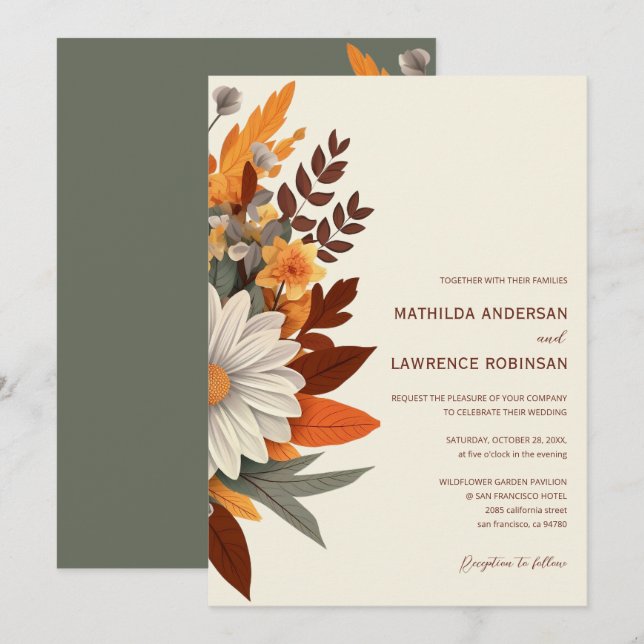 Boho Burnt Orange Terracotta Blommigt Bröllop Inbjudningar (Fram/baksida)