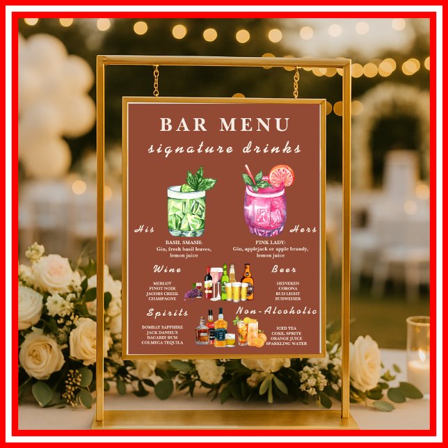 Boho Burnt Orange Terracotta Bröllop Pub Menu Poster (Skapare uppladdad)