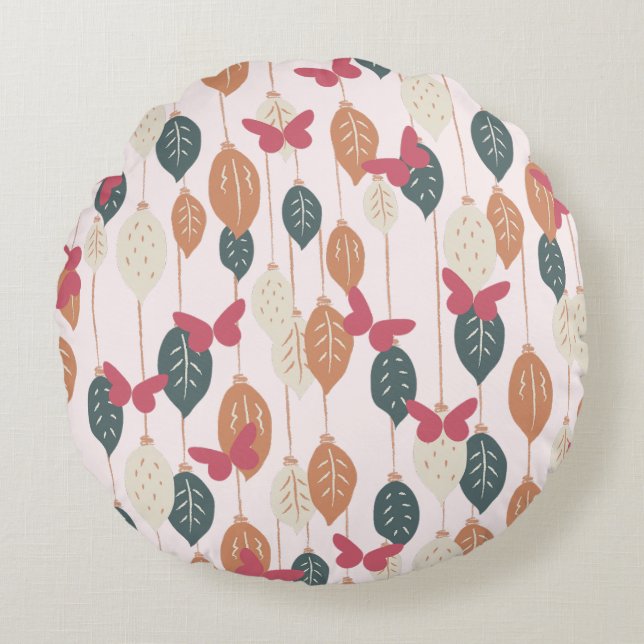 Boho Butterflies & Löv Mönster Round Pillow Rund Kudde (Framsidan)