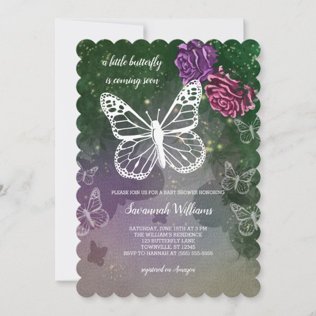 Boho Butterfly Baby Shower Blommigt Rosa Lila  Inbjudningar (Framsida)