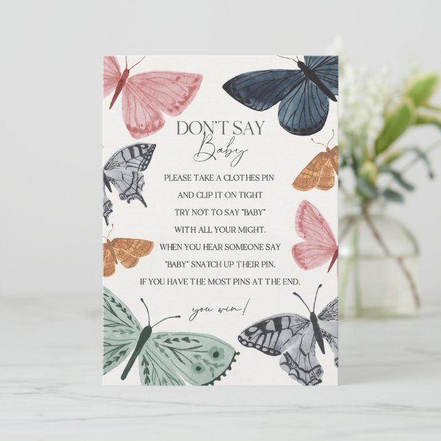 Boho Butterfly Baby Shower säger inte Baby Game Inbjudningar (Stående Fram)