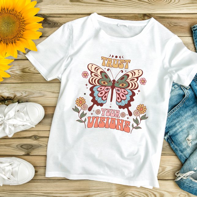 Boho Butterfly-Blommigt - inspirationell motivatio T Shirt (Boho Trendy Trust Your Visions Inspirational Motivational Butterfly Floral T-shirt for Women)