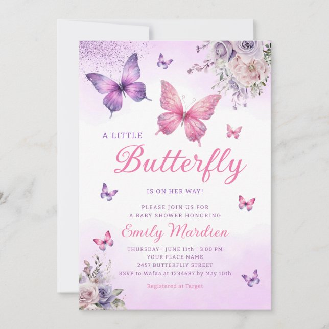 Boho Butterfly Girl Baby Shower Lila Blommigt Rosa Inbjudningar (Framsida)