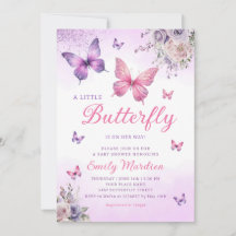 Boho Butterfly Girl Baby Shower Lila Blommigt Rosa