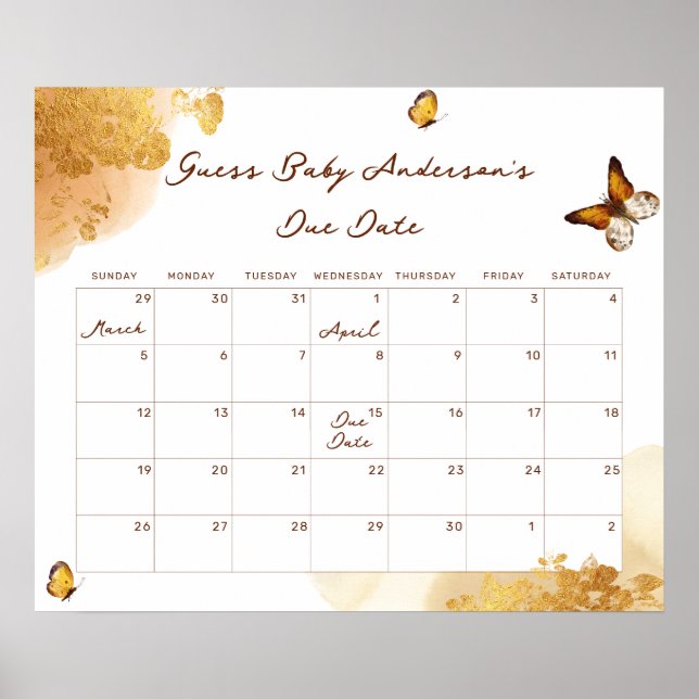 Boho Butterfly gissar Baby förfallodatumkalender Poster (Framsidan)