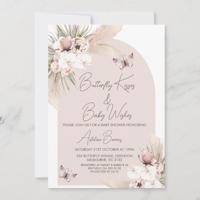 Boho Butterfly Kisses Baby Önskemål Baby Shower Inbjudningar (Framsida)