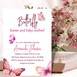 Boho Butterfly Kisses Rosa Girl Baby Shower Inbjudningar
